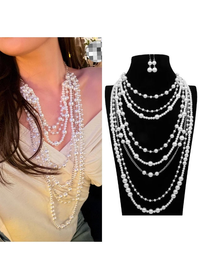 French Elegant Multi-Layered Pearl Necklace & Earrings Set for Women, Long Choker Jewelry, Perfect for Wedding Evening Party - Image 1